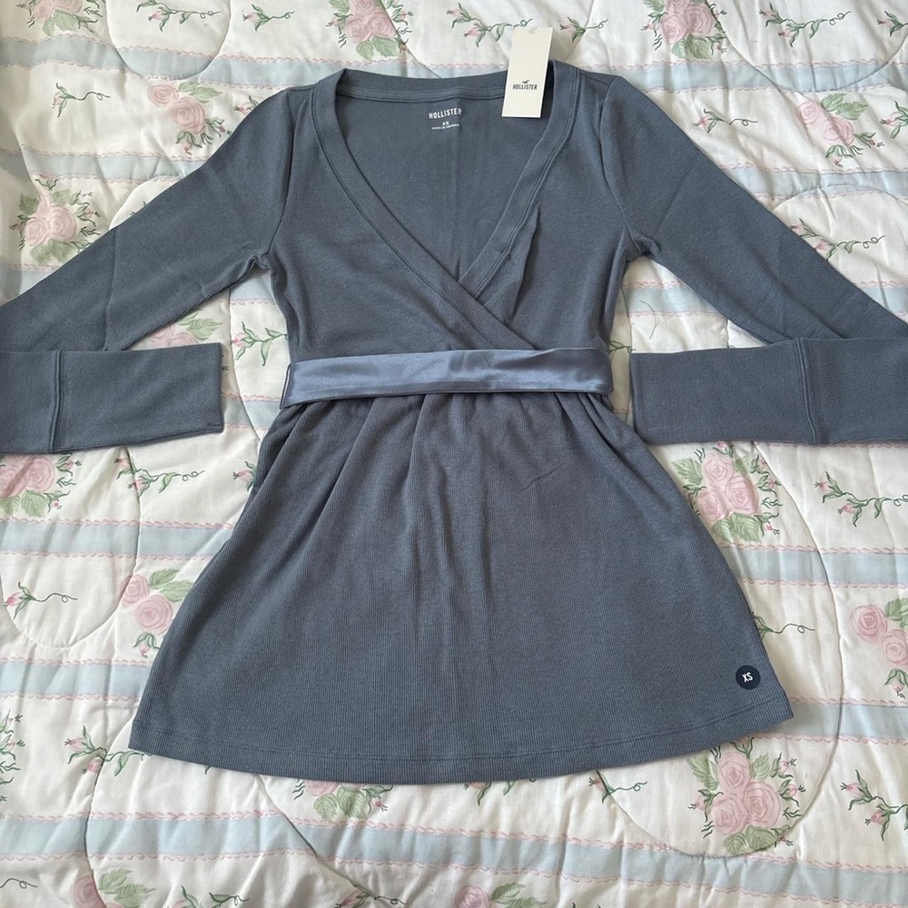 Hollister Slate Blue Wrap-Front Long Sleeve Dress